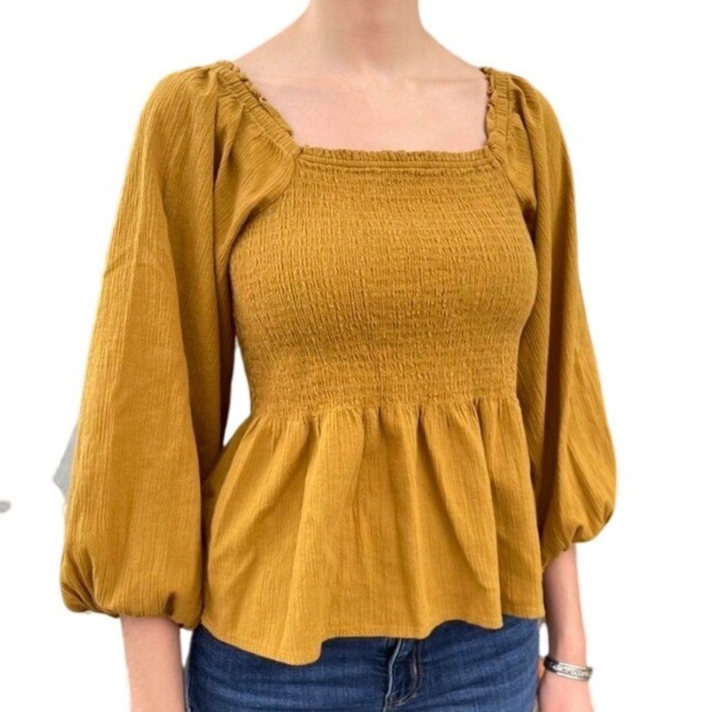 Madewell Smocked Peplum Top Mustard Yellow Cotton Puff Sleeve Blouse Size 0